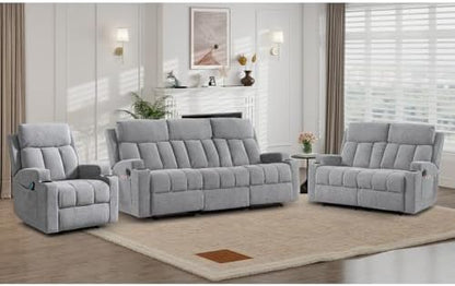 CANMOV Manual Recliner Sofa Set, Fabric Recliner Living Room Furniture Sets, 1 Seat Reclining Chair, a Loveseat, a 3 Seater Sofa Furniture Set with Side Pockets and Cup Holders, Light Grey