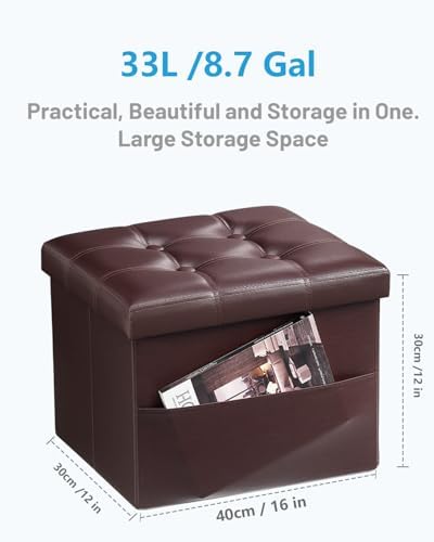 AmasSmile Ottoman with Storage,16" Folding Leather Foot Rest Chest,Brown