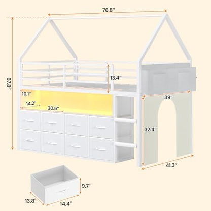 Low Loft Bed Twin Size with 8 Storage Drawers, LED House Loft Bed