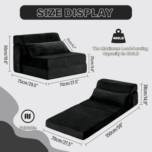Tiita Convertible Folding Sofa Bed Single Size for Adults with Pillow, Plush Fabric Floor Mattress Couch Bed, Washable Cover & Side Pocket, Guest Room, Dorm, Apartment, Living Room, Black