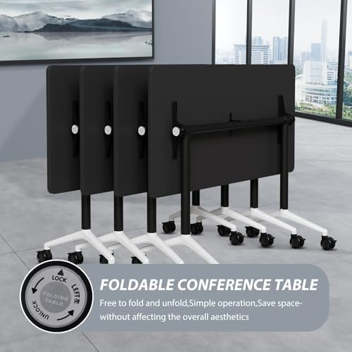 Folding Conference Table Modern Large Mobile Meeting Table Rolling Conference Room Tables with Wheels Seminar Tables for Office Training Classroom (6, Black, 63" D X 19.7" W X 29.5" H)