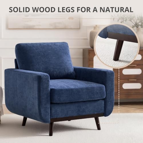 Accent Chair for Bedroom,Reading Chair with Deep Seat,Chenille Armchair with Wood Legs, Comfy Living Room Chairs Single Sofa for Bedroom,Living Room and Apartment(Set of 2,Blue)
