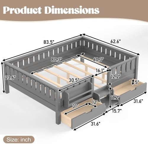 Bellemave Queen Size Kids Montessori Bed with Stairs and Bookshelf,Solid Wood Queen Size Kids Bed Frame with Drawers and Storage for Girls Boys,Low-Profile,Gray