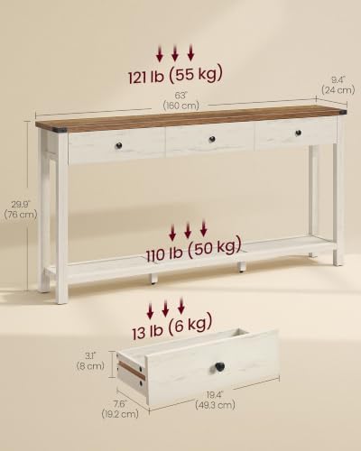 VASAGLE 63 Inche Narrow Console Table with 3 Drawers and Open Storage Shelf