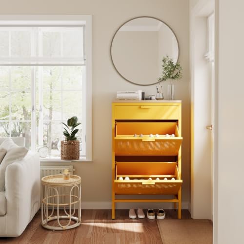 3-Tier Shoe Cabinet with Wood Top and Metal Frame, with Legs, Multi-Functional Metal and Wood Cabinet, Multi-Level Space, Easy Assembly for Home, Entryway, Hallway Yellow