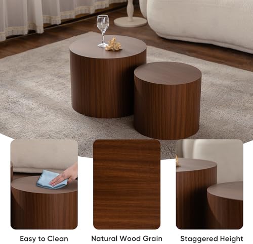 Nesting Round Coffee Table Set of 2, Accent End Table for Small Spaces, Morden Drum Side Table, Wooden Circle Center Table for Living Room, Fully Assembled - Dark Walnut