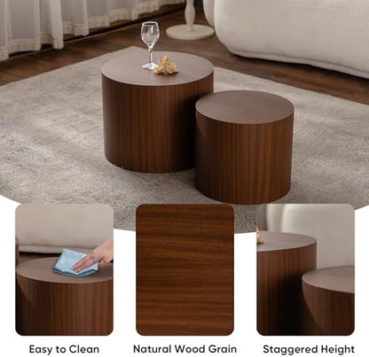 Nesting Round Coffee Table Set of 2, Accent End Table for Small Spaces, Morden Drum Side Table, Wooden Circle Center Table for Living Room, Fully Assembled - Dark Walnut