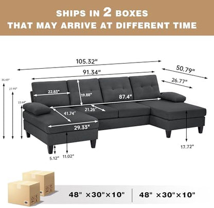 105" Sectional Sofa for Living Room, U-Shape 4 seat Large Couch with Double Chaises Polyester Linen Fibre for Living Room, Dark Grey