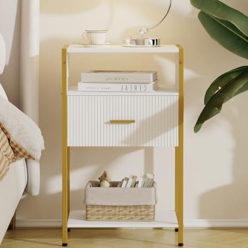 Narrow Night Stand Bedside Tables with Storage, Nightstand for Bedroom and Living Room (White and Gold)