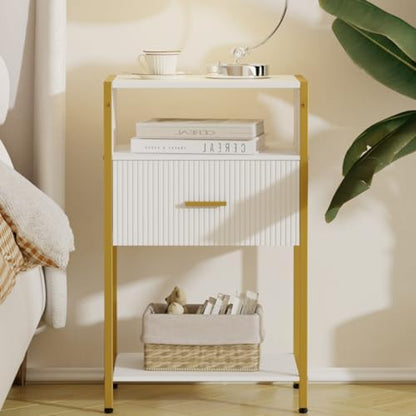 Narrow Night Stand Bedside Tables with Storage, Nightstand for Bedroom and Living Room (White and Gold)
