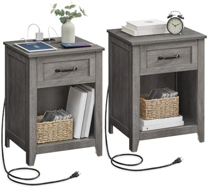 VASAGLE Farmhouse Nightstands with Charging Station, 1 Drawer, Set of 2