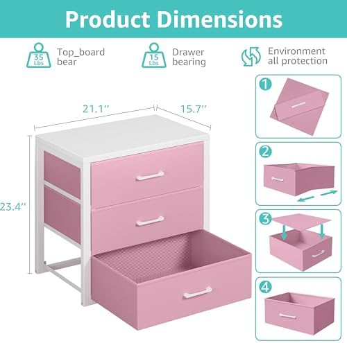 BOLUO Closet Drawers Pink 3 Drawer Dresser for Closet Organizers and Storage Bedroom Dorm Modern