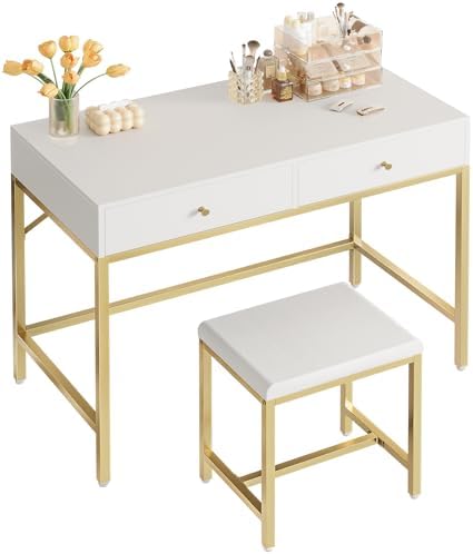 SUPERJARE 31.5" White and Gold Desk with 2 Drawers, Modern Makeup Vanity