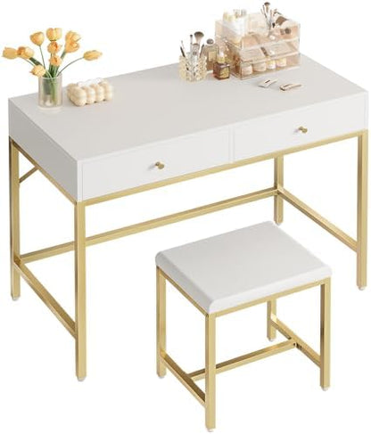 SUPERJARE 31.5" White and Gold Desk with 2 Drawers, Modern Makeup Vanity