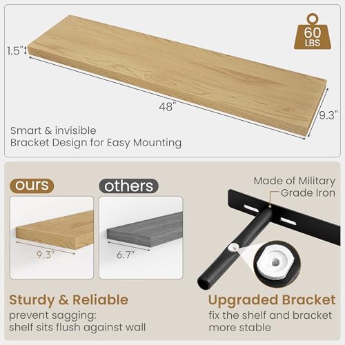 48 Inch Floating Shelves, 9.3 Inch Deep Wall Shelves for Bathroom, Living Room, Bedroom, Kitchen, Deep Long Shelf Wall Mounted 1 Pack Shelf for Books, Decor, Oak