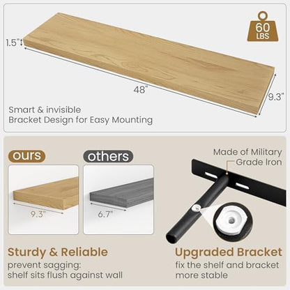 48 Inch Floating Shelves, 9.3 Inch Deep Wall Shelves for Bathroom, Living Room, Bedroom, Kitchen, Deep Long Shelf Wall Mounted 1 Pack Shelf for Books, Decor, Oak