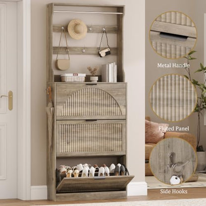 Fluted Shoe Storage Cabinet for Entryway with Coat Rack, Grey