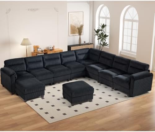 HAOMARKETS 135” Modular Sectional L Shaped Corner Sofa with 2 Movable Ottoman, Corduroy 10-Seater Couches with Thick Cushion for Living Room, Black