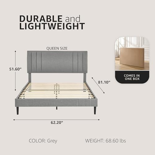 Decoro Chicago Channel Tufted Upholstered Platform Bed, Light Gray, Queen