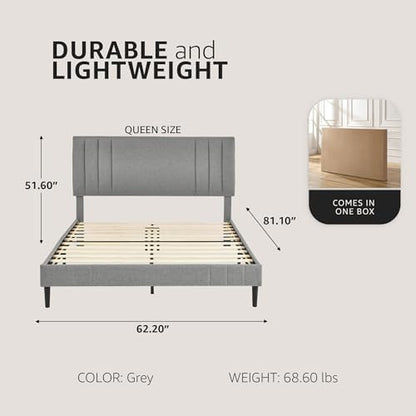 Decoro Chicago Channel Tufted Upholstered Platform Bed, Light Gray, Queen