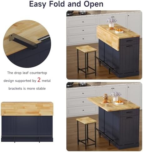 47" Kitchen Island with Seating, Include 2 Chairs, Blue