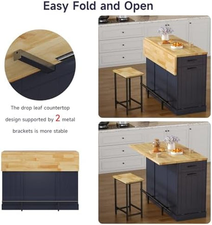 47" Kitchen Island with Seating, Include 2 Chairs, Blue