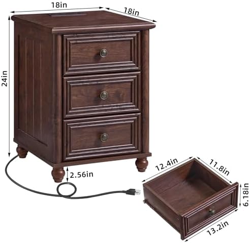 RWYHG 18" Nightstands Set of 2 with Charging Station & 3 Drawers