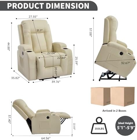Trustyue Power Lift Recliner Chair with Heat and Massage, Lift Chairs for Standing Assistance, 2 Cup Holders, 4 Pockets, USB Charge Port (Light Yellow, Breathable Leather)