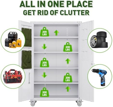 Wider&Deepr Metal Garage Storage Cabinet with Wheels and Tool Pouches,White