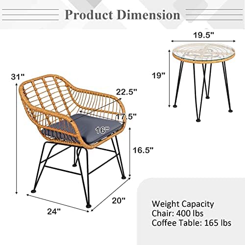 Tangkula 3 Pieces Patio Bistro Set, Rattan Conversation Set with 2 Cushioned Armchairs & Round Glass Coffee Table, Indoor Outdoor Wicker Furniture Set for Balcony, Backyard, Garden, Poolside