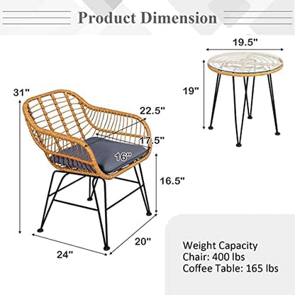 Tangkula 3 Pieces Patio Bistro Set, Rattan Conversation Set with 2 Cushioned Armchairs & Round Glass Coffee Table, Indoor Outdoor Wicker Furniture Set for Balcony, Backyard, Garden, Poolside