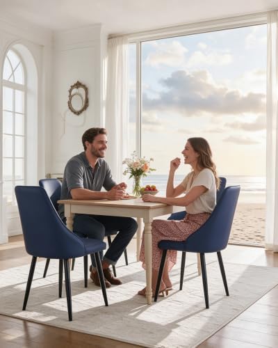 Blue Leather High Back Dining Chairs, Set of 2