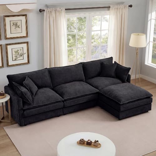 Modern 102" L Shaped Sectional Sofa Cloud Couch, Modern Chenille Comfy Modular Sleeper Sofa, Upholstery Sofa with Ottoman & Memory Foam for Living Room, Black