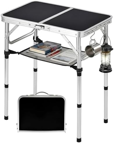Folding Picnic Table 2ft Portable Camping Table Adjustable Heights, Black