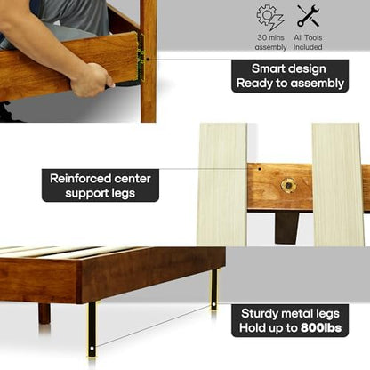Acacia Astoria Wood Bed Frame with Upholstered Headboard, Queen, Caramel