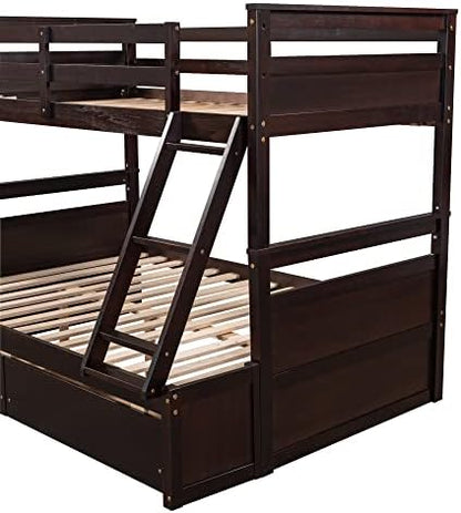 Merax Twin Over Full Bunk Bed, Wood Bunk Bed with Removable Ladders and Two Storage Drawers, Convertible into Two Individual Beds (Espresso)