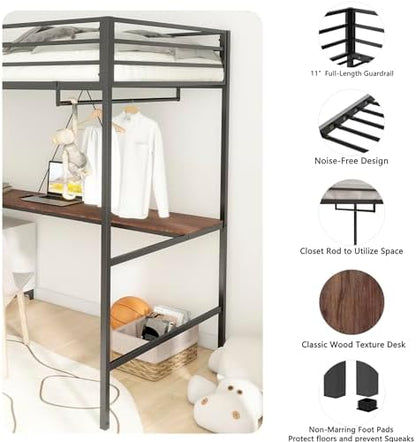 GDFStudio Twin Loft Bed Frame, Twin Size Corner Bed with Wood Desk and Closet Rod,No Box Spring Needed, Noise Free, Black