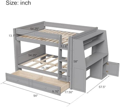 Full Over Full Bunk Bed with Desk,Drawers, Bookshelves,Gray