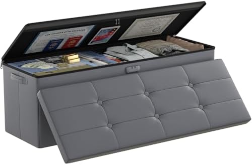 DocSafe Storage Ottoman Bench, Fireproof＆Waterproof Folding Bench with Lock(15”x 43”x15”), Leather Storage Chest with Handles＆2 Extra Boxes, Ottoman Safe for Bedroom,Living Room,Home Office, Gray