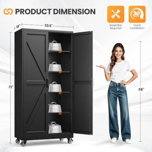 72" Tall Rolling Metal Garage Cabinets, Wheeled Black Storage Cabinet