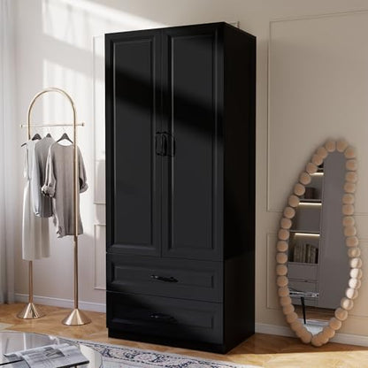 Black Armoire Wardrobe Closet with 2 Drawers, 75" Tall x 31.5" Wide