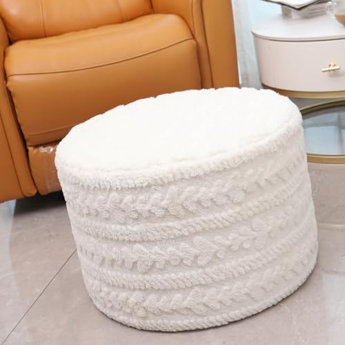Asuprui Round Footstool Ottoman, 20x14In, Ivory,Hassock,Sofa Couch Footrest