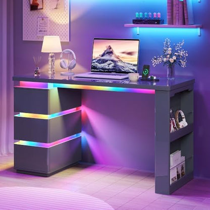 HNEBC 47.2" Gaming Desk with 3 Drawers,LED Lights,Power Outlets,Grey