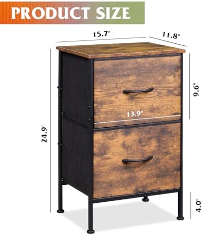 WLIVE Night Stand Set 2, Small Dresser with 2 Drawers & Wooden Top, Nightstand with Fabric Bins, Bedside Table End Table for Bedroom, Closet, Entryway, College Dorm, Rustic Brown