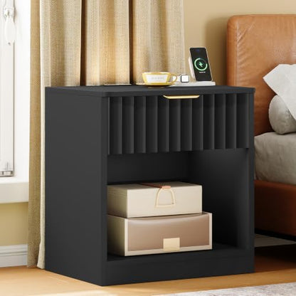 Fluted Nightstands Set of 2, Night Stand with Charging Station and LED Light, Nightstand with Storage Drawer and Open Shelf, Bedside Table for Small Space, Bedroom, Black