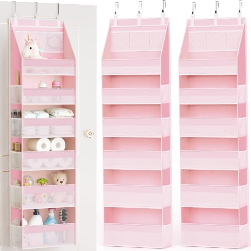 2 Pack Over the Door Organizer, 6-Shelf Closet Hanging Storage with 13 Mesh Pockets, 55lbs Capacity Behind the Door Storage for Baby Nursery, Bathroom, Bedroom, and Dorm, Pink