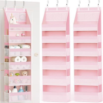 2 Pack Over the Door Organizer, 6-Shelf Closet Hanging Storage with 13 Mesh Pockets, 55lbs Capacity Behind the Door Storage for Baby Nursery, Bathroom, Bedroom, and Dorm, Pink