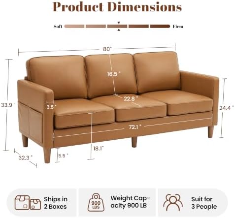 80" Faux Leather Sofa Mid Century Modern 3 Seater Couch for Living Room