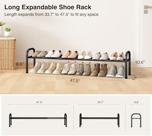Long Expandable Shoe Rack 1-Tier, Adjustable Length 33.7”–47.5” Shoe Organizer, Metal Shoes Storage Shelf, Holds Up to 12 Pairs, Non-Slip Feet, for Closet, Entryway, Hallway, Front Door, Black
