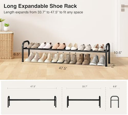 Long Expandable Shoe Rack 1-Tier, Adjustable Length 33.7”–47.5” Shoe Organizer, Metal Shoes Storage Shelf, Holds Up to 12 Pairs, Non-Slip Feet, for Closet, Entryway, Hallway, Front Door, Black